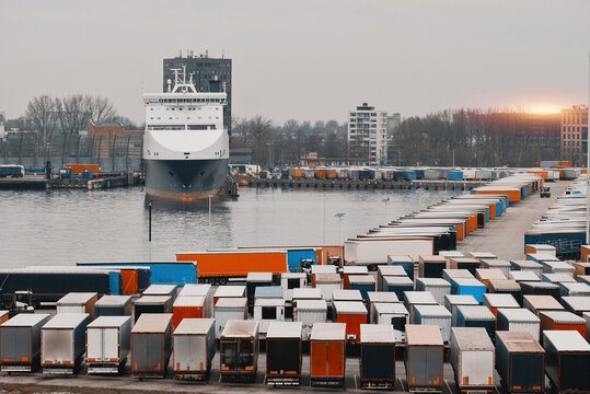 Loading Unloading Process With Semitrailer Trucks Of Cargo Freight Ro-Ro Ferry
