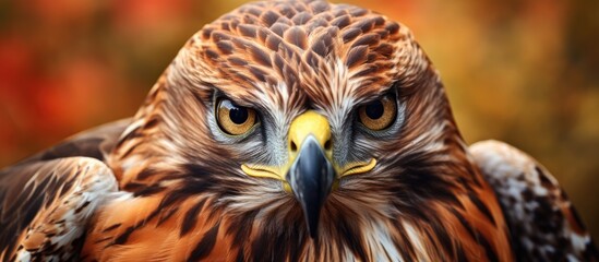 A closeup shot of a Bird of prey from the family Accipitridae, possibly a Falcon or Eagle, with a striking yellow beak, gazing directly at the camera - Powered by Adobe