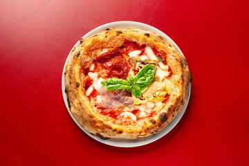 pizza, quattro, stagioni, 4, tavolo, rosso, sfondo, pomodori, pelati, mozzarella, e, olio,...