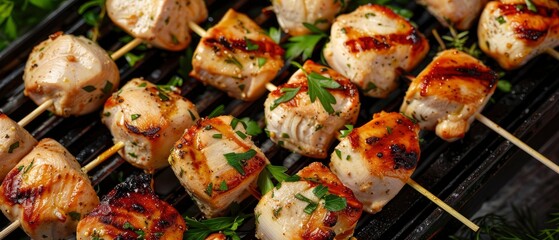 Grilled chicken cubes with herbs and salt on wooden sticks, a close up photo of the meat. - obrazy, fototapety, plakaty