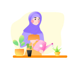 Muslimah watering plants on earth day