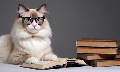 A cat professor, symbolizing Knowledge Day, reads a book surrounded by a pile of books on a table, evoking the back-to-school concept for September 1.