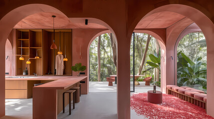 Pink Bathroom, Rose Petals, Flowers, Valentine_S Day - A Room With A Red Floor And A Red Rug And A Table With Chairs And A Robe From It - 763200598