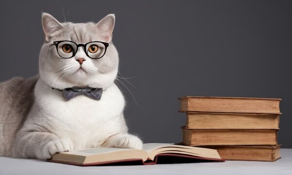 Symbolizing Knowledge Day and the back-to-school theme, an image shows a cat professor wearing glasses reading a book amidst a stack of books on a table.