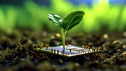 a computer chip illustrates an eco friendly concept of new life
