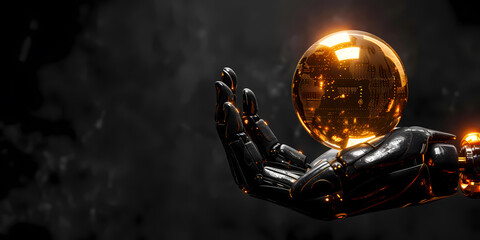 Mannequin Hand Holding Golden Ball, Open Palm Gesture Isolated On Black Background - A Robot Holding A Globe - 763200796