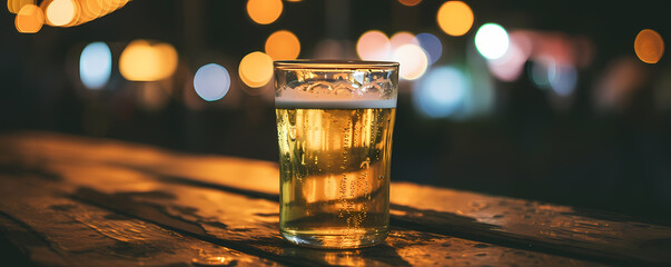A Photo Of Beer Glas An Empty Very Old Wooden Board Top With A Blurred Shopping Mall In The Background - A Glass Of Beer On A Table - 763201142