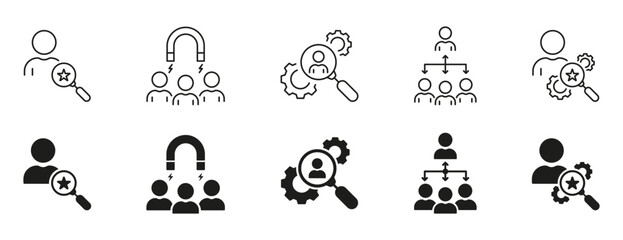 Employment Line and Silhouette Icon Set. Human Resource Black Pictogram. Hiring Talent Employee Symbol Collection. Recruitment Agency, Find People Sign. Isolated Vector Illustration - obrazy, fototapety, plakaty