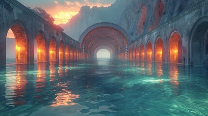 Luminous Tide Cloister archways reflecting on glowing waters