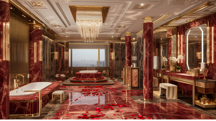 Pink Bathroom, Rose Petals, Flowers, Valentine_S Day - A Bathroom With Red Marble Floor And Rose Petals - 763201152
