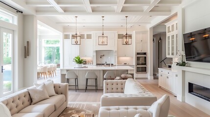ideas for incorporating smart home technology seamlessly into the design of a big house's white kitchen and living room