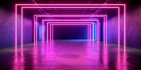 Abstract Neon Background, Empty Square Tunnel With Pink Glowing Lines - A Room With Pink And Blue Lights