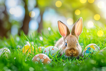 Easter eggs and cute bunny in green grass. Festive decoration. Happy Easter!