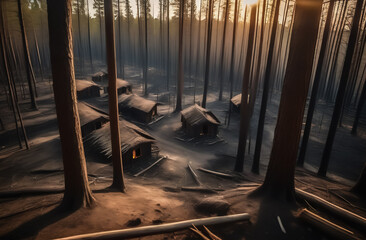 consequences of forest fires. burnt out and destroyed wooden houses surrounded by burnt trees.