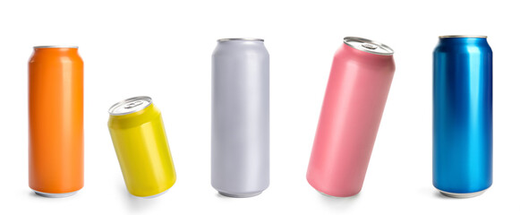 Set of different metal cans isolated on white. Mockup for design