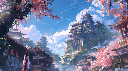 Dramatic in action Anime fantasy Character, game character, concept art, zoomed out portrait, Vertigo, environment, sunny day