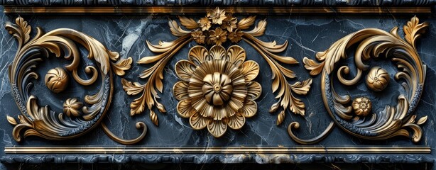 Luxurious Golden Baroque Floral Ornamentation on Marble Background. - obrazy, fototapety, plakaty