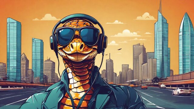 Picture a cheerful snake wearing sunglasses and a headset, confidently navigating the cityscape backdrop. This simple, vectorized design exudes businessman style and is perfect for labels or graphic