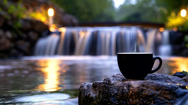 cup of coffee on a rock with view of waterfall. seamless looping 4k time-lapse video background