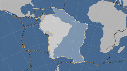 Volcanoes around the South American plate. Contour map