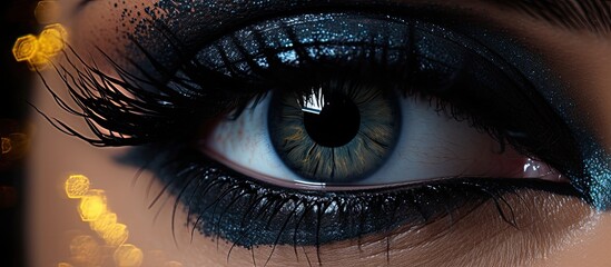 A closeup of a womans violet eye with purple makeup on her eyelashes, against a black background,...