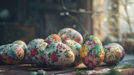 Fototapeta na wymiar Hand-Painted Floral Easter Eggs on Rustic Wooden Surface.