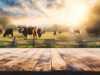 Empty Wooden Table Rustical Style For Product Presentation With A Blurred Cows On Grass In The Background - A Wooden Table With Cows In The Background - 763201743