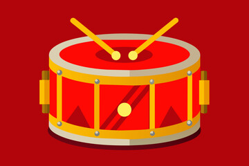 a red and gold drum with 2 percussion sticks. turn 3 quarters