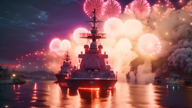 The warships fighting behind were filled with explosive light