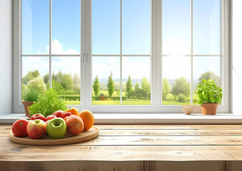 Wooden Table View In A Countryside Kitchen With The View On A Window And A Garden - A Table With Fruit On It - 763202149