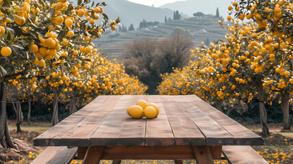 Blank Wooden Table Set Against A Backdrop Of Vibrant Orange Trees - A Group Of Lemons On A Wooden Table - 763202318