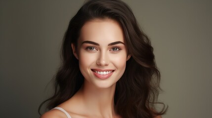 Naklejka premium face of young woman with beautiful smile isolated on grey wall.