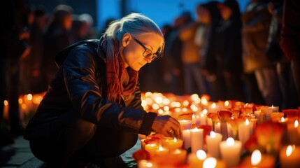 Face of a volunteer lighting a candle at a memorial ceremony - obrazy, fototapety, plakaty