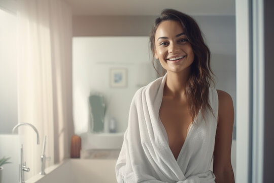 a young woman draped in a hotel towel, gracefully covering her body within the confines of her room, radiating beauty and relaxation.