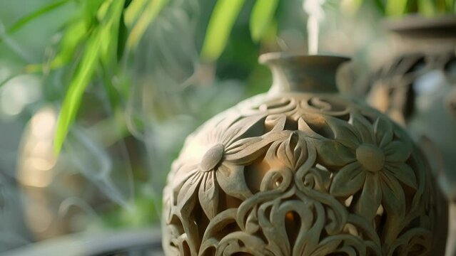 The intricate carvings on a soapstone oil diffuser showcasing the skilled craftsmanship of local artisans.