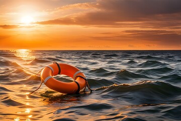 Obraz premium orange lifebuoy floating at sea sunset sunrise
