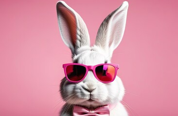 funny easter concept holiday animal celebration greeting card - cool easter bunny, rabbit with pink sunglasses and bow tie, isolated on light pink background
