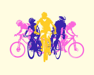Cycling, mountain biking and road cycling, isolated vector silhouette