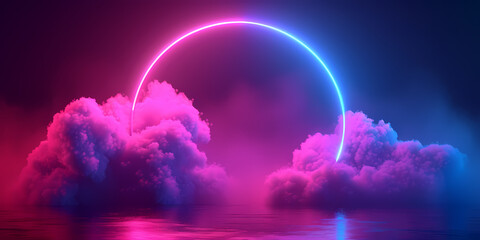 Abstract Neon Background With Illuminated Cloud And Round Geometric Arch - A Pink And Blue Neon Circle With Clouds And Water - 763202734