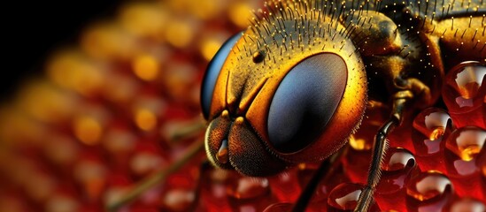 A closeup macro photograph of a pollinator insect, an arthropod with membrane wings, on a red...