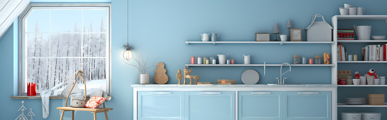 Outstanding Banner For Kitchen Wall Art - A Kitchen Counter With Shelves And Objects - 763202927