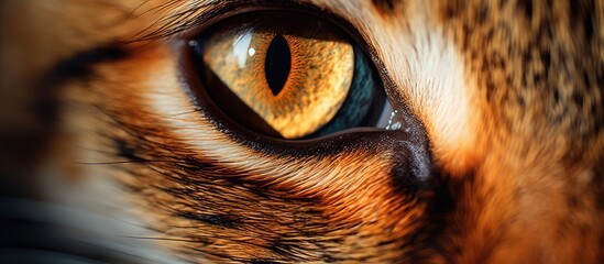 A close up of a Felidaes eye, a carnivorous animal belonging to the Felidae family. The blue pupil stands out against the fawn fur and whiskers