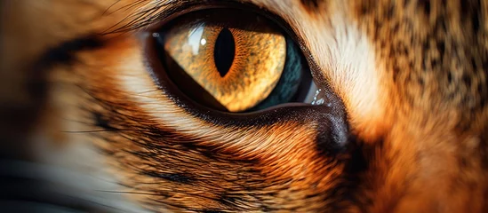Foto op Canvas A close up of a Felidaes eye, a carnivorous animal belonging to the Felidae family. The blue pupil stands out against the fawn fur and whiskers © 2rogan