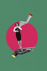 Vertical collage image of black white effect arm fingers hold mini elegant girl big plate isolated on green background - obrazy, fototapety, plakaty