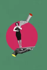 Zelfklevend Fotobehang Vertical collage image of black white effect arm fingers hold mini elegant girl big plate isolated on green background © deagreez