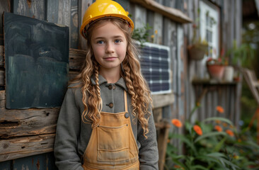 A young girl in outerwear, helmet, cap, smiling in front of a wooden house