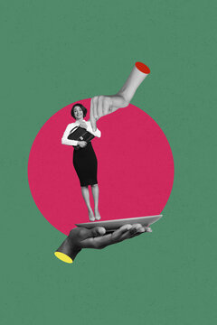 Naklejki Vertical collage image of black white effect arm fingers hold mini elegant girl big plate isolated on green background