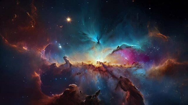 A breathtaking view of the Milky Way galaxy glowing in the night sky. Pale hues of blue, yellow, red and pink intermingling from nebulae to stars. 