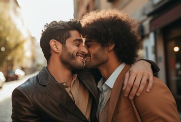 Happy gay couple standing outdoors