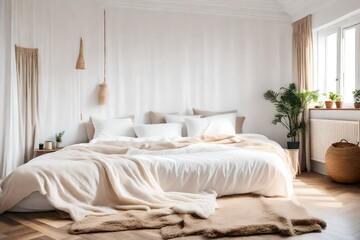 Fototapeta na wymiar cozy home bedroom interior with unmade bed